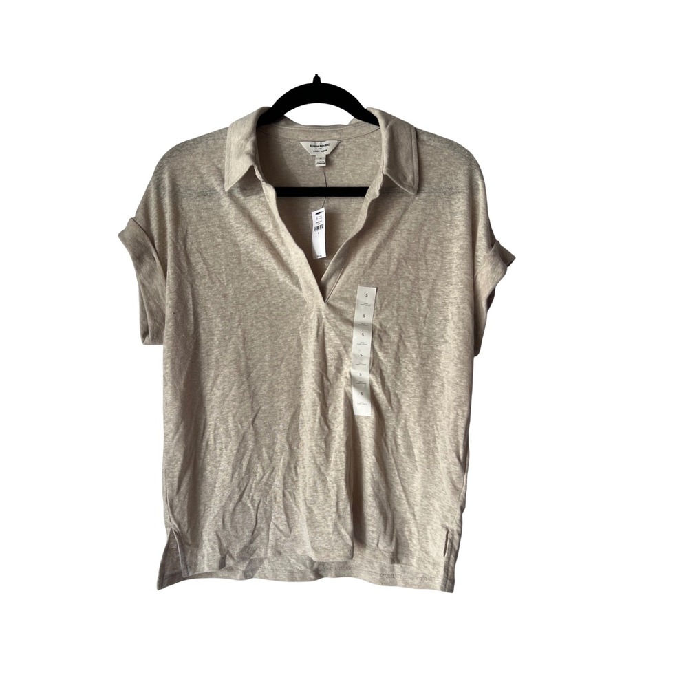 Banana Republic Linen Blend Polo Top Oatmeal Beige Short Sleeve V-Neck Small